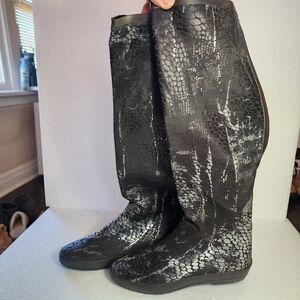 Henry Ferrera Glossy Black Snake-Print Knee-High Rain Boots